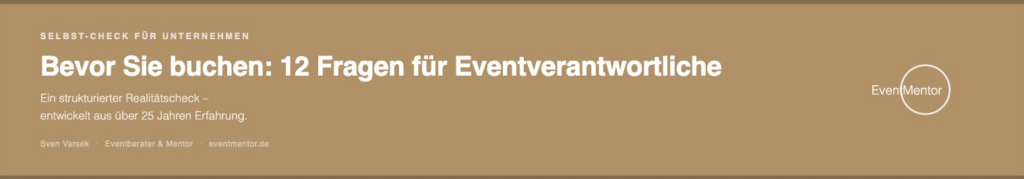 Kopfbanner für das digitale Produkt "Bevor Sie buchen: 12 Entscheidungen für Eventverantwortliche"